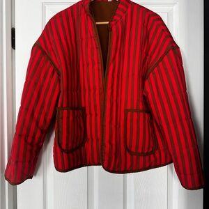 Red & Brown Striped Quilted Jacket | Retro Puffer | Cropped